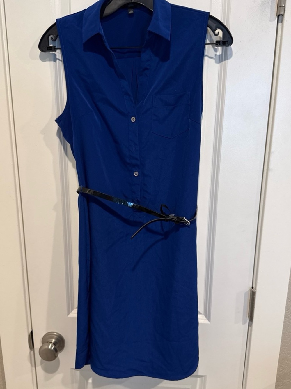 The limited Sleeveless Collared Midi Dress in Cobalt Blue with Slim Belt